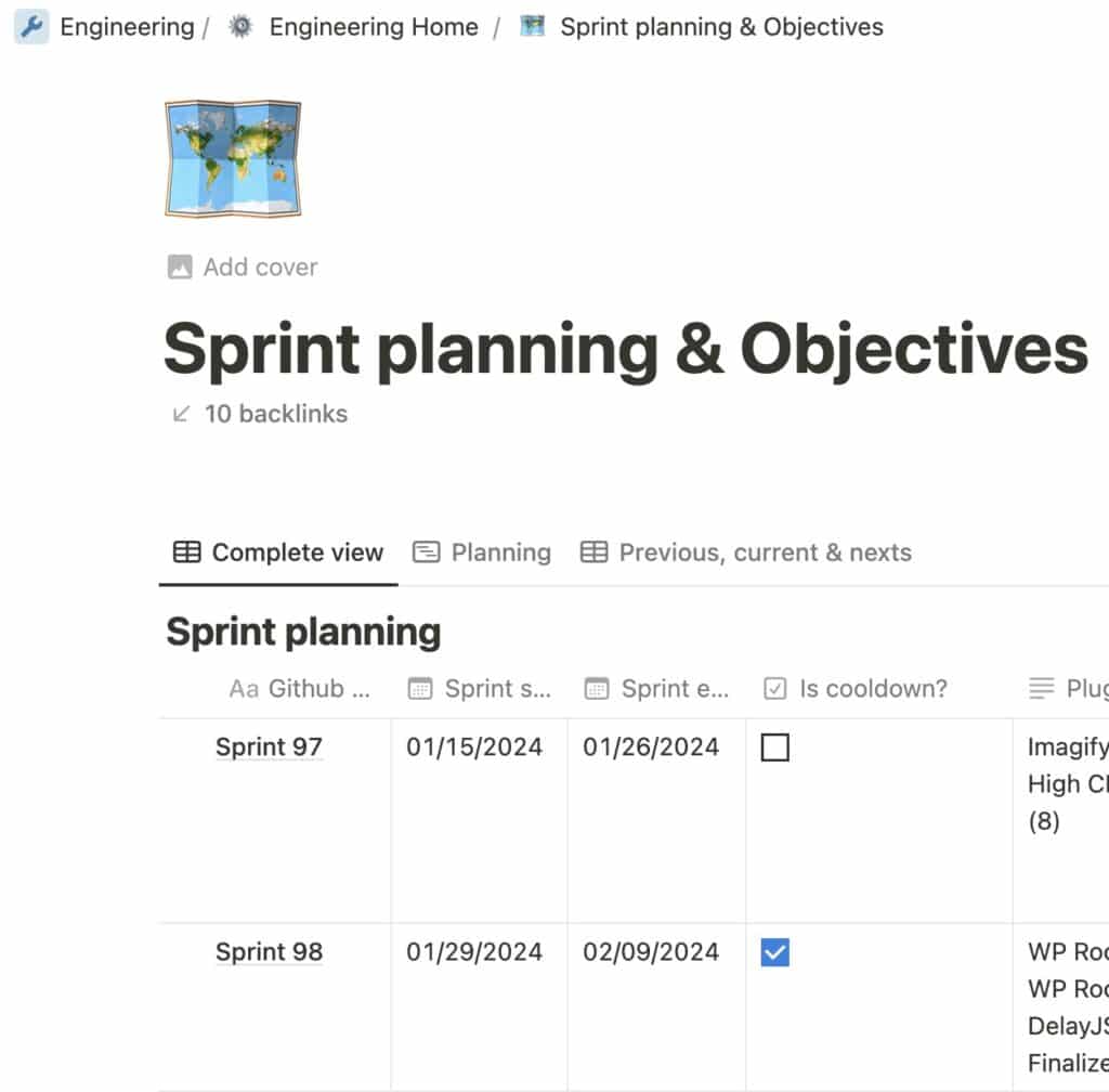 A Notion page with schedule of upcoming sprints, their objectives, and when cooldown sprints are.