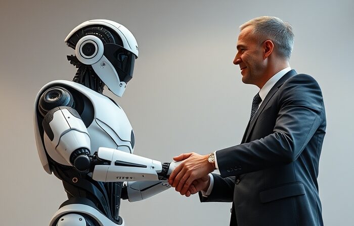 An AI robot and a company leader shake hands