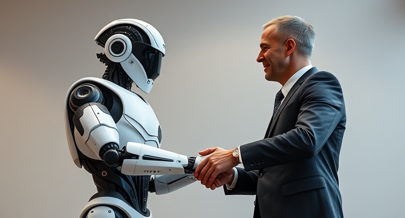 An AI robot and a company leader shake hands