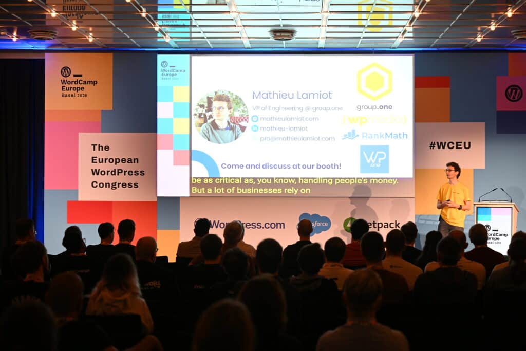 Mathieu Lamiot on the stage of WordCamp Europe 2025
