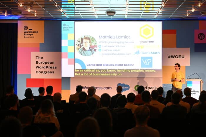 Mathieu Lamiot on the stage of WordCamp Europe 2025