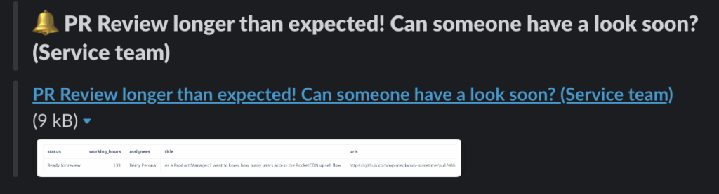 A Slack alert automatically reminding the team about PRs blocked for more than 24 hours.